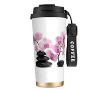 Tasse de voyage écologique en acier inoxydable 316, idéale pour le bureau, le mur ou la voiture, avec cordon, pierres et orchidée rose,Noir