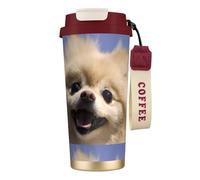 Tasse de voyage écologique en acier inoxydable 316, idéale pour le bureau, le mur ou la voiture, avec cordon, motif Pomeranian heureux imprimé,Rouge