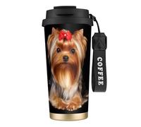 Tasse de voyage écologique en acier inoxydable 316, idéale pour le bureau, le mur ou la voiture, avec cordon, motif Yorkshire Terrier et ruban,Noir