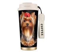 Tasse de voyage écologique en acier inoxydable 316, idéale pour le bureau, le mur ou la voiture, avec cordon, motif Yorkshire Terrier et ruban,Blanc