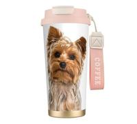 Tasse de voyage écologique en acier inoxydable 316, idéale pour le bureau, le mur ou la voiture, avec cordon, motif Yorkshire Terrier,Rose