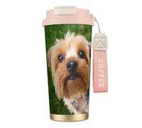 Tasse de voyage écologique en acier inoxydable 316, idéale pour le bureau, le mur ou la voiture, avec cordon, motif Yorkshire Terrier, chiens mignons,Rose