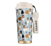 Tasse de voyage écologique en acier inoxydable 316, idéale pour le bureau, le mur ou la voiture, avec cordon, motif pattes et os de colley à poil long,Blanc