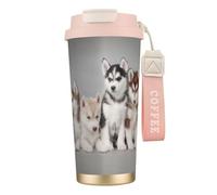 Tasse de voyage écologique en acier inoxydable 316, idéale pour le bureau, le mur ou la voiture, avec cordon, motif chiens Husky et Huskies,Rose