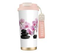 Tasse de voyage écologique en acier inoxydable 316, idéale pour le bureau, le mur ou la voiture, avec cordon, pierres et orchidée rose,Rose