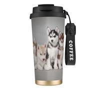 Tasse de voyage écologique en acier inoxydable 316, idéale pour le bureau, le mur ou la voiture, avec cordon, motif chiens Husky et Huskies,Noir