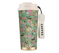 Tasse de voyage écologique en acier inoxydable 316, idéale pour le bureau, le mur ou la voiture, avec cordon, motif Border Terrier et fleurs,Blanc