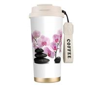 Tasse de voyage écologique en acier inoxydable 316, idéale pour le bureau, le mur ou la voiture, avec cordon, pierres et orchidée rose,Blanc