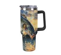 Tasse de voyage isotherme de 1200 ml - Tasse étanche avec paille - Gobelet de grande capacité pour le travail, la salle de sport et les voyages en voiture, motif poisson sautant hors de l'eau