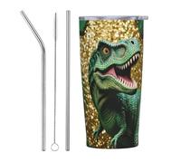 Tasse de voyage isotherme en acier inoxydable avec motif feuilles tropicales et dinosaures, paillettes dorées, 590 ml, pour voiture, bureau, salle de sport