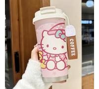 Tasse de voyage isotherme en acier inoxydable Sanrio Hello chat avec sangle de poignet, couvercle à rabat étanche, double usage avec bec et paille, pour boissons chaudes/froides Acier inoxydable