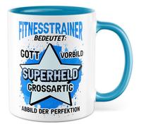 Tasse d'entraîneur de fitness avec inscription en allemand - Cadeau entraîneur de fitness signifie : Dieu Modèle Super héros Grande image de la perfection - Tasse à café 330 ml en céramique