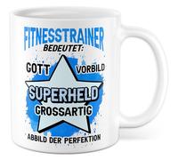 Tasse d'entraîneur de fitness avec inscription en allemand - Cadeau entraîneur de fitness signifie : Dieu Modèle Super héros Grande image de la perfection - Tasse à café 330 ml en céramique