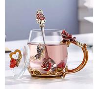 Tasse émail fleur en verre tasses à café tasse à thé avec cuillère, idee cadeau femme Couple amis saint valentin anniversaire maman fête des mères-Rouge / a