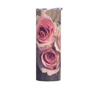 Tasse en acier inoxydable avec couvercle sans accessoires - Bouteille d'eau isotherme de 591 ml avec imprimé de fleurs roses, parfaite pour le sport, le bureau et la maison