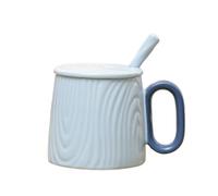 Tasse en bois créative en céramique de 300 ml avec couvercle Boîte ronde de couleur bleue résistante à la chaleur.