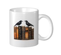 Tasse en céramique avec deux corbeaux perchés sur de vieux livres, tasse à café élégante pour la maison et le bureau, 325 ml