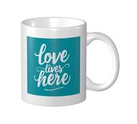 Tasse en céramique avec inscription Love Lives Here On Turquoise, élégante tasse à café pour la maison et le bureau, 325 ml