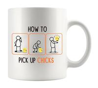 Tasse en céramique humoristique avec inscription « How To Pick Up Chicks » pour hommes célibataires - 325 ml - Blanc
