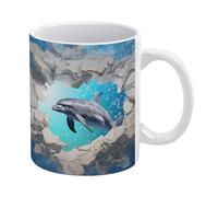 Tasse en céramique motif dauphin 3D, motif océan, trou dans le mur, tasse à café 325 ml, pour hommes et femmes | Idée originale | Blanc