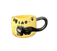 Tasse en céramique peinte à la main en forme de chat noir 380 ml - Design créatif - Jaune lait