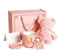 Tasse en céramique personnalisée avec lettre M et serviette Ours, 380 ml, tasse à café rose, avec couvercle, cuillère, porte-clés M, carte, cadeau pour femme, fille, petite amie