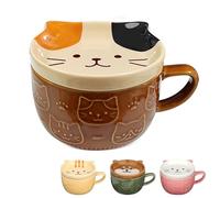 Tasse en céramique pour chat, jolie tasse en céramique avec couvercle, tasse amusante, tasse à café ou à thé pour les amoureux des chats, cadeau pour femmes, amis, enfants, Noël, anniversaire(marron)