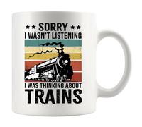 Tasse en céramique rétro avec inscription « Sorry I Wasn't Listening I Was Thinking About Trains » - Cadeau pour papa, maman, mari, frère, sœur, épouse, amie, collègue, 325 ml - Blanc