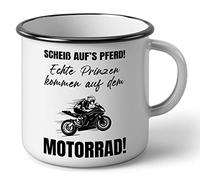 Tasse en émail pour motards - 300 ml - 9 motifs de moto au choix - Inscription en allemand « Scheiß auf, s Pferd. Véritables princes arrivent sur la moto »