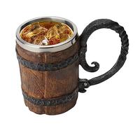 Tasse en forme de corne à boire, 550 ml vintage imitation bois, chope en corne de bière authentique en acier inoxydable avec poignée, tasse anti-fuite pour homme