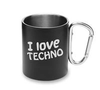 Tasse en métal avec poignée mousqueton I Love Techno Musique