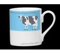 Tasse en porcelaine anglaise Silhouette de vache bleue avec inscription In one ear & out of the udder - Stoke on Trent, Angleterre