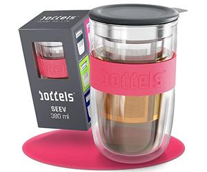 Tasse en verre 380 ml - avec passoire à double paroi, tasse à thé avec passoire en acier inoxydable, couvercle en céramique, passe au lave-vaisselle, verre thermique avec effet flottant, verre à café