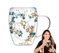 Tasse en verre à double paroi avec fleurs séchées - 350 ml - Isolation à double paroi - Esthétiques - Cadeau fantaisie - Pour femme, amie, enseignante, maman, nouvelle maison