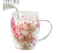 Tasse en Verre À Double Paroi avec Fleurs Sèches - 350ML Tasse À Café Isolée De Fleurs Séchées avec Poignée | Tasse en Verre Isolée Résistante À La Chaleur avec Fleurs Séchées,Tasses pour Boissons