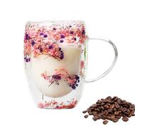 Tasse en Verre À Double Paroi avec Fleurs Sèches - Tasse À Café De 350 ML avec Fleurs Sèches | | Tasse À Café en Verre À Double Paroi avec Poignée pour Boissons Chaudes,Cuisine,Cappuccino, Cadeau