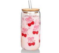 Tasse en verre avec couvercle et pailles - Motif cerise - 17,6 oz - Tasse à café glacé avec couvercle - Joli bol en verre - Cadeau d'anniversaire pour femme
