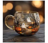 Tasse en verre avec motif de citrouille et fantôme peinte à la main pour Halloween, Noël, décoration de bureau (C)