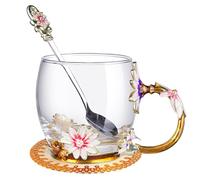 Tasse en verre en verre en émail tasse en à fleurs transparentes avec cuillère nouveauté de thé à fleur en émail pour cadeau d'anniversaire court 320 ml