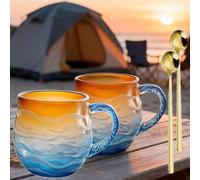Tasse en verre faite à la main avec motif vague de mer, coucher de soleil et océans, tasse texturée inspirée du thème de la plage pour les amateurs de thé, vin et café