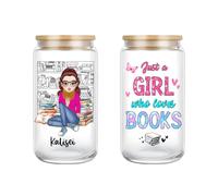 Tasse en verre personnalisé Just A Girl Who Loves Books - Tasse à café glacé avec couvercles et paille - Tasse à café glacé avec couvercles et paille - Cadeau de Noël ou d'anniversaire pour femme