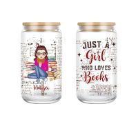 Tasse en verre personnalisé Just A Girl Who Loves Books - Tasse à café glacé avec couvercles et paille - Tasse à café glacé avec couvercles et paille - Cadeau de Noël ou d'anniversaire pour femme