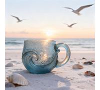 Tasse en verre soufflé à la main avec motif vague de mer texturé, tasse unique sur le thème de la plage pour thé, café, vin, boisson glacée, cadeau pour les amateurs de l'océan - 355 ml