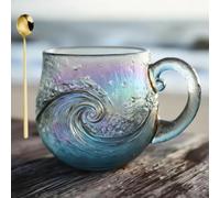 Tasse en verre soufflé à la main en forme de vague de l'océan - 355 ml - Tasse à café unique sur le thème de la plage pour thé, cocktails, cadeau inspiré de la plage et de l'océan