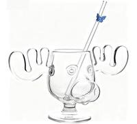 Tasse en verre transparent avec motif renne de Noël - 12 cm - 170 ml, parfaite pour les anniversaires d'amis ou les cadeaux de vacances (paille incluse) (verre à pied court)