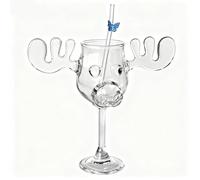 Tasse en verre transparent avec motif renne de Noël - 12 cm - 170 ml, parfaite pour les anniversaires d'amis ou les cadeaux de vacances (paille incluse) (verre à pied haut)