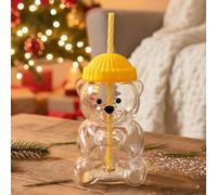 Tasse en verre transparente en forme d'ours mignon avec couvercle et paille - 590 ml - Grande bouteille en verre en forme d'ours - Tasse à café glacé - Cadeau de Noël amusant pour café glacé, jus, vin