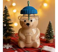 Tasse en verre transparente en forme d'ours mignon avec couvercle et paille en forme d'ours - 591 ml - Grande bouteille en verre en forme d'ours - Tasse à café glacé - Cadeau de Noël amusant pour café