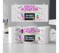 Tasse « Endlich Schulkind » - « Du bist 1er Class » - Cadeau de rentrée des classes - Personnalisable - Cadeau de rentrée des classes pour fille - Cornet d'école ABC