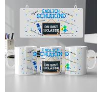 Tasse « Endlich Schulkind » - « Du bist 1er Class » - Cadeau de rentrée des classes - Personnalisable - Cadeau de rentrée des classes pour garçon et fille - Cornet d'école ABC